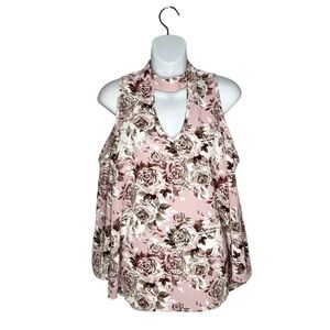Lime N Chili Dusty Pink Floral Cold Shoulder Choker Neck Blouse